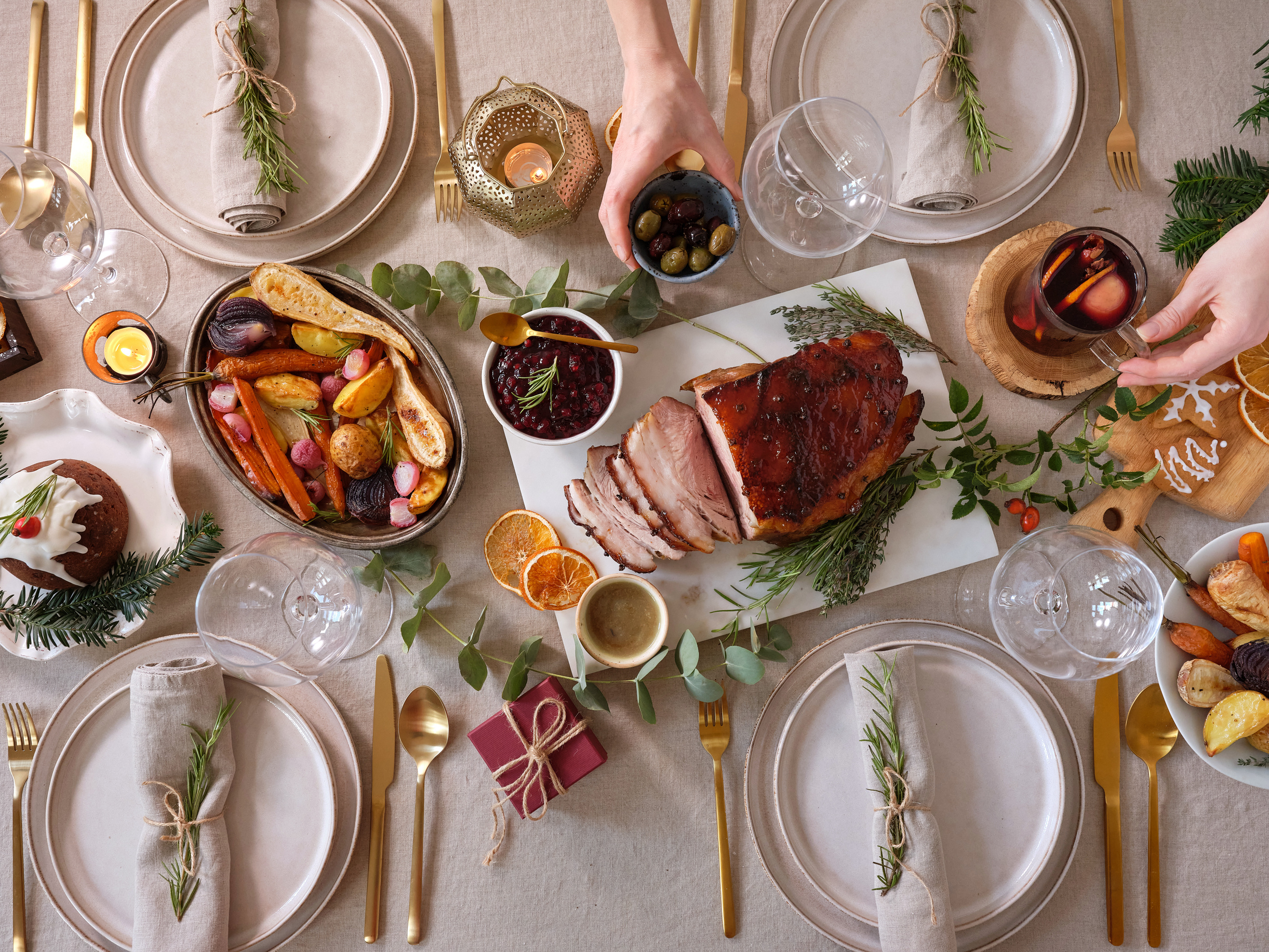Festive Table Setting with Christmas Feast